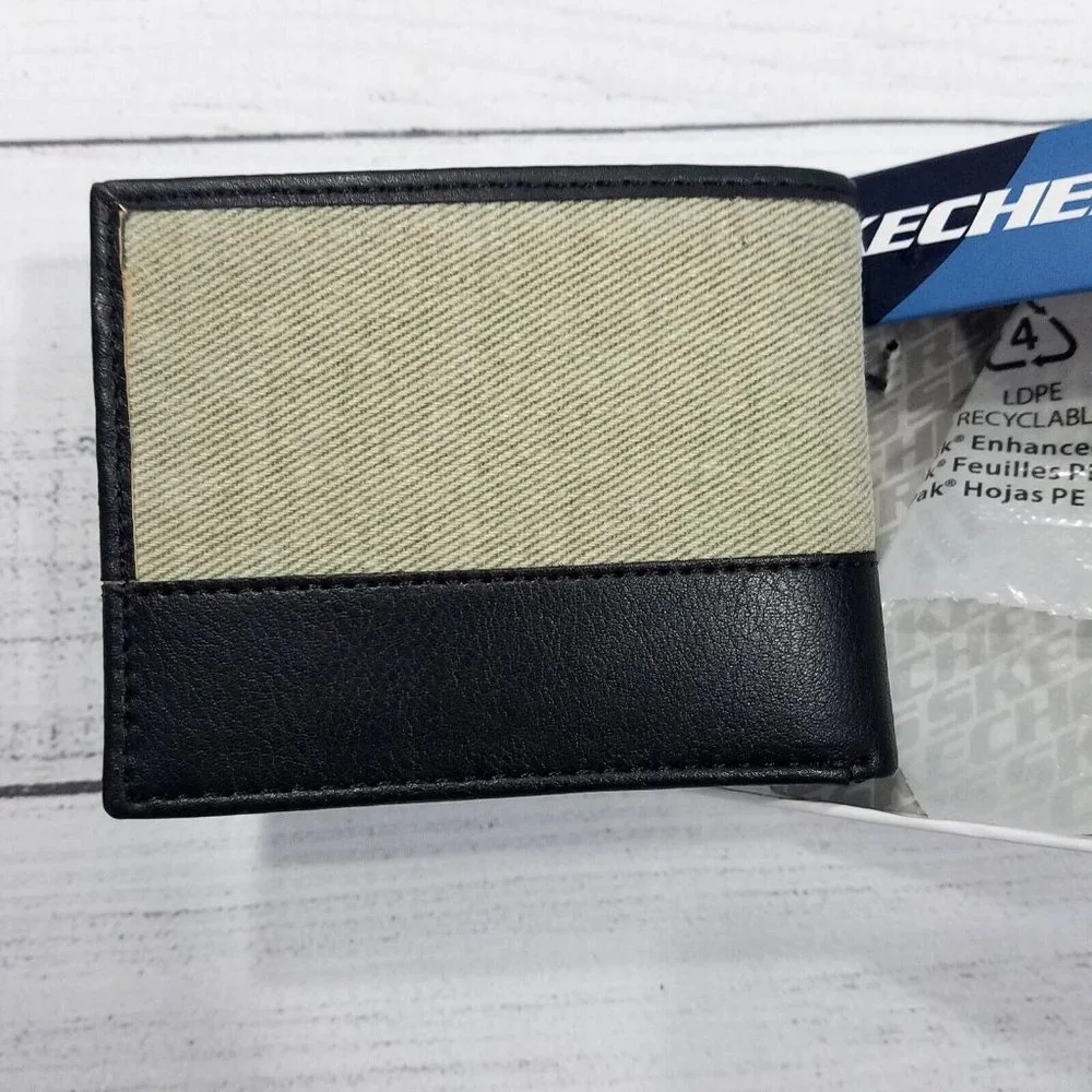 Skechers Twill Passcase Bifold Wallet Vegan Leather Trim RFID Protection